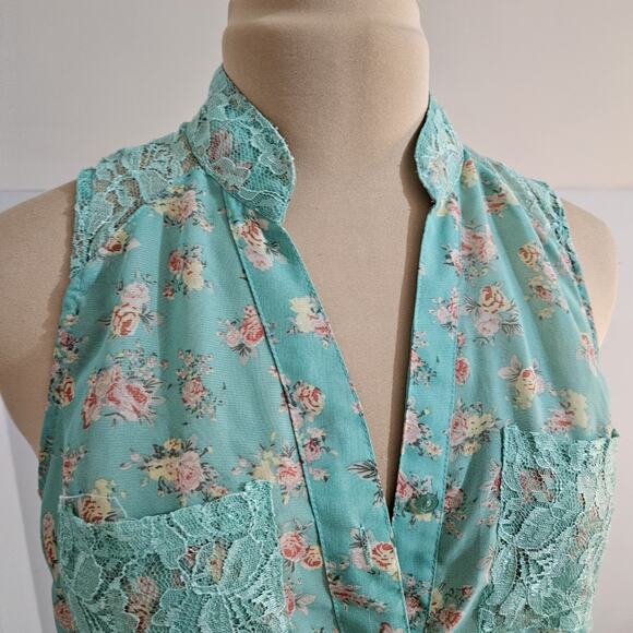 Green Floral Tunic Top Lace Collar Pockets XL Fairy Dainty Y2K Feminine Romantic - Picture 5 of 13